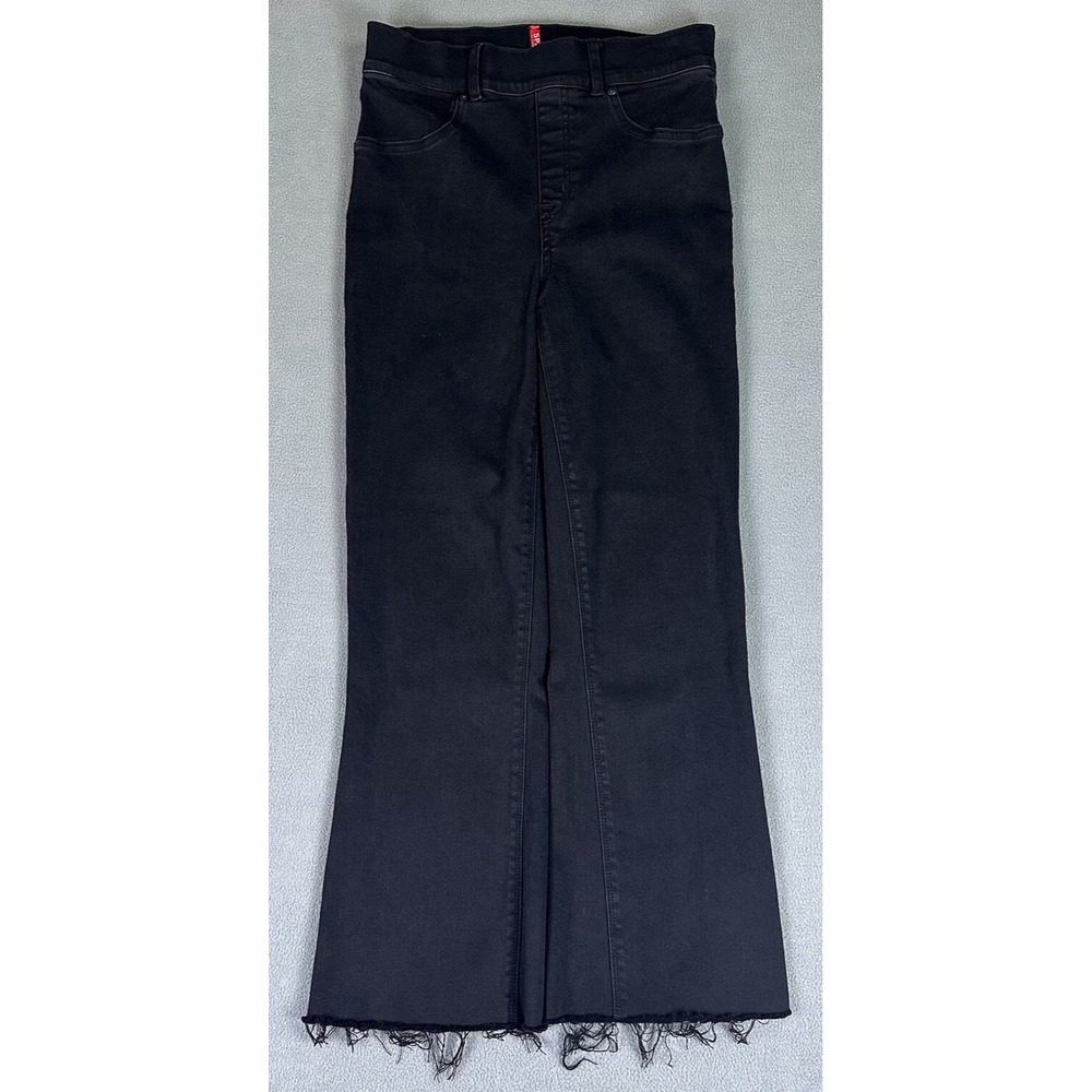 Spanx Jeans Womens Small Black Cropped Flare Pull On Stretch Distressed Raw Hem